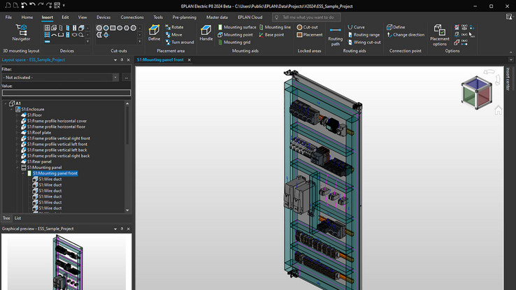 Control cabinet planning in 3D: Navigation cube, automatic removal of gaps between components